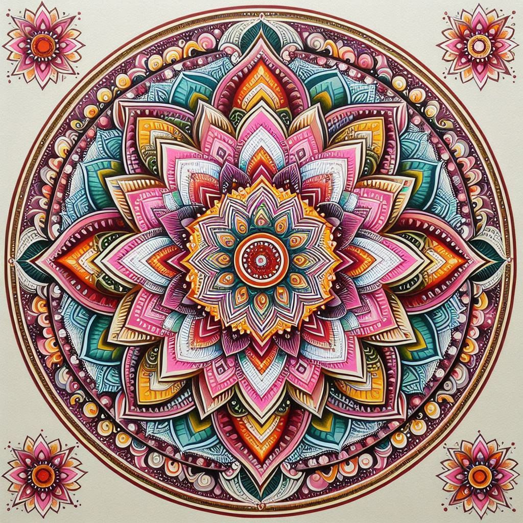 Mandala Art Poster with Wooden Frame - Blue and Pink - A4 Size