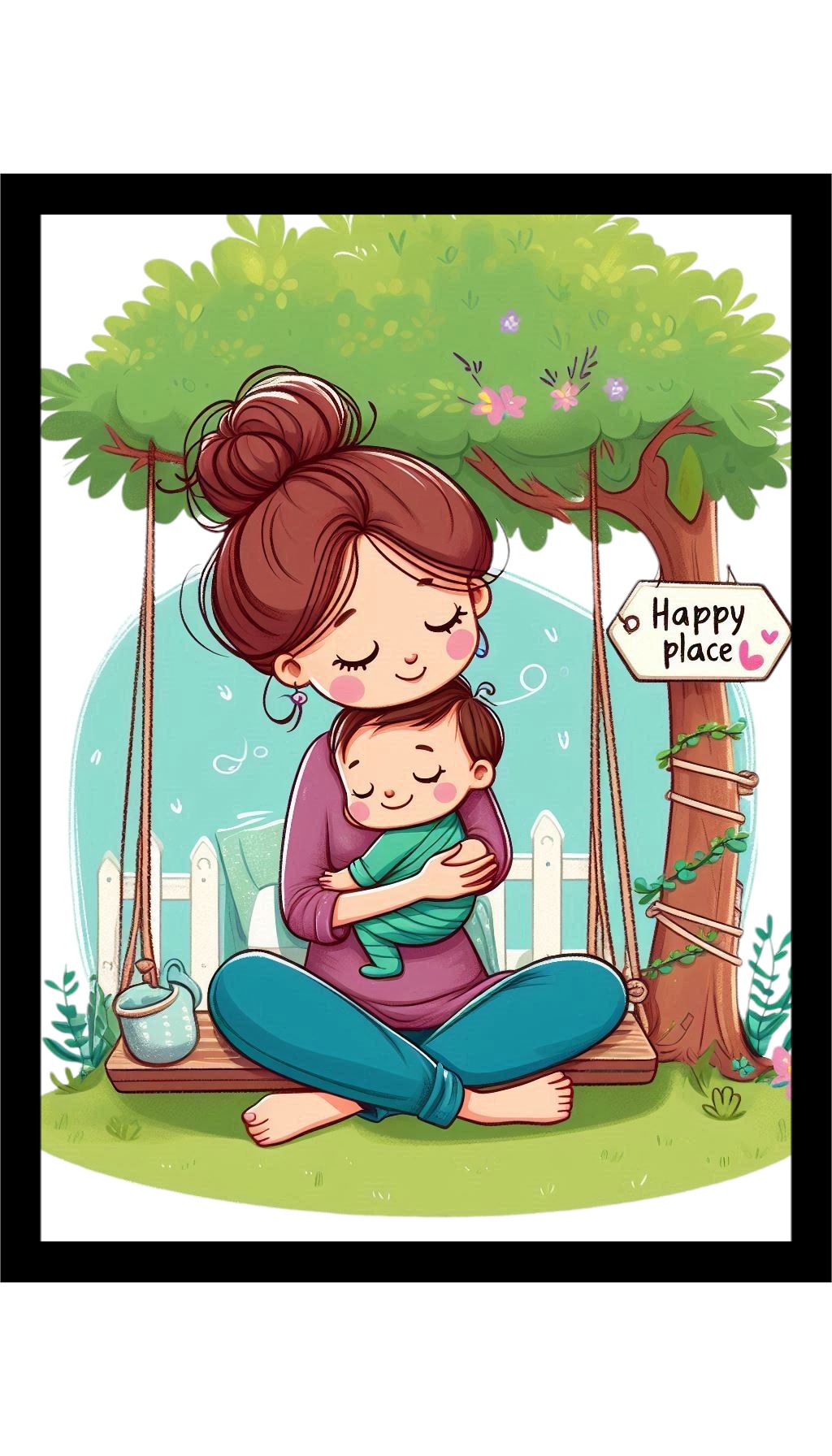 Happy Place Poster/Painting/Wall Art with Frame - Mom and Baby Illustration Outdoors