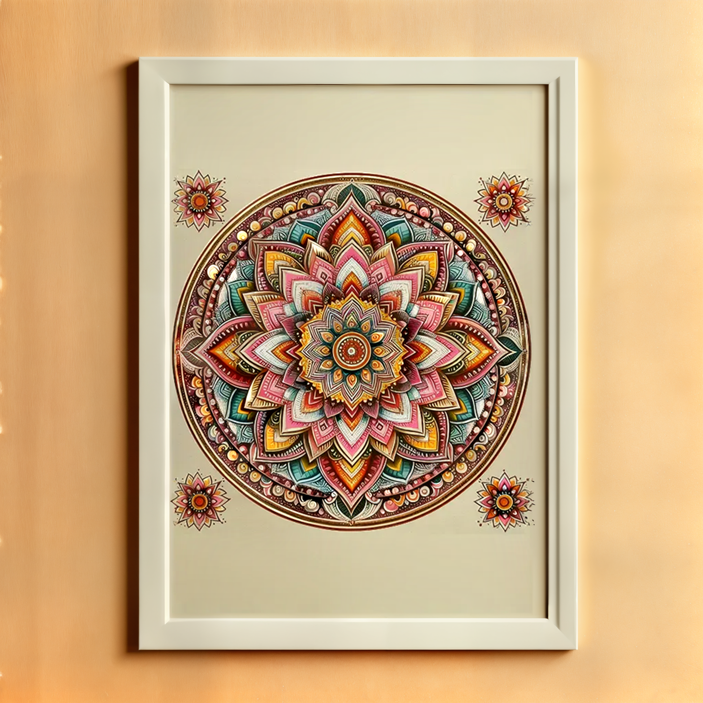 Mandala Art Poster with Wooden Frame - Blue and Pink - A4 Size