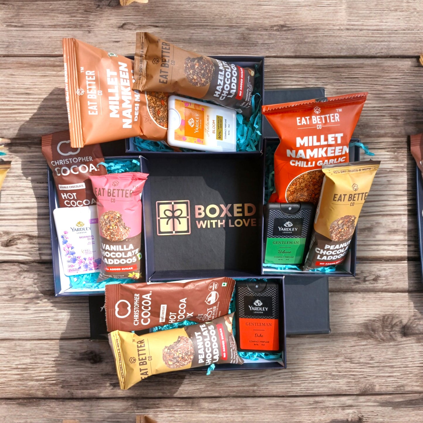 Mini hamper with Millet Namkeen, women's pocket perfume and chocolate hazelnut laddoo