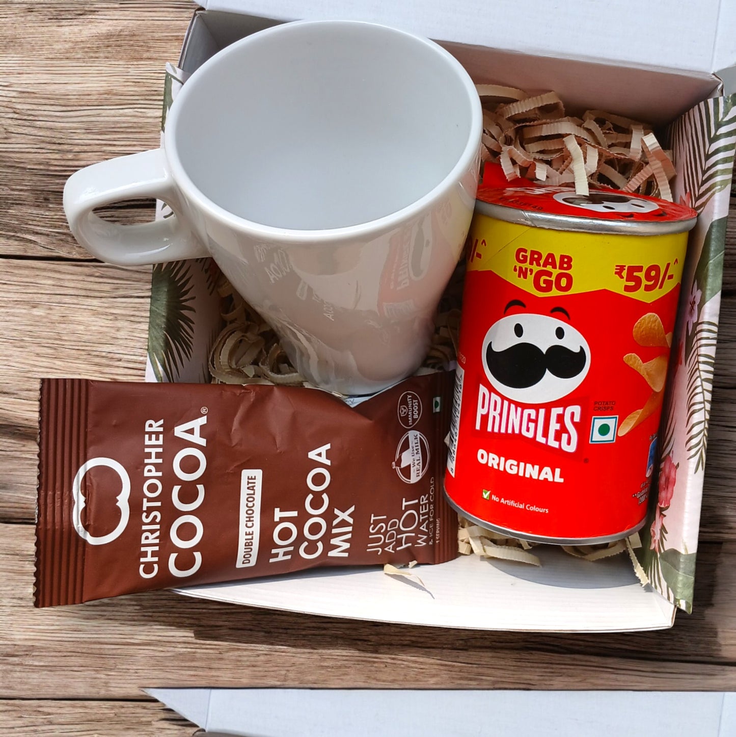 Mini gift box with Coffee Mug, Hot Cocoa pack and Pringles for munching