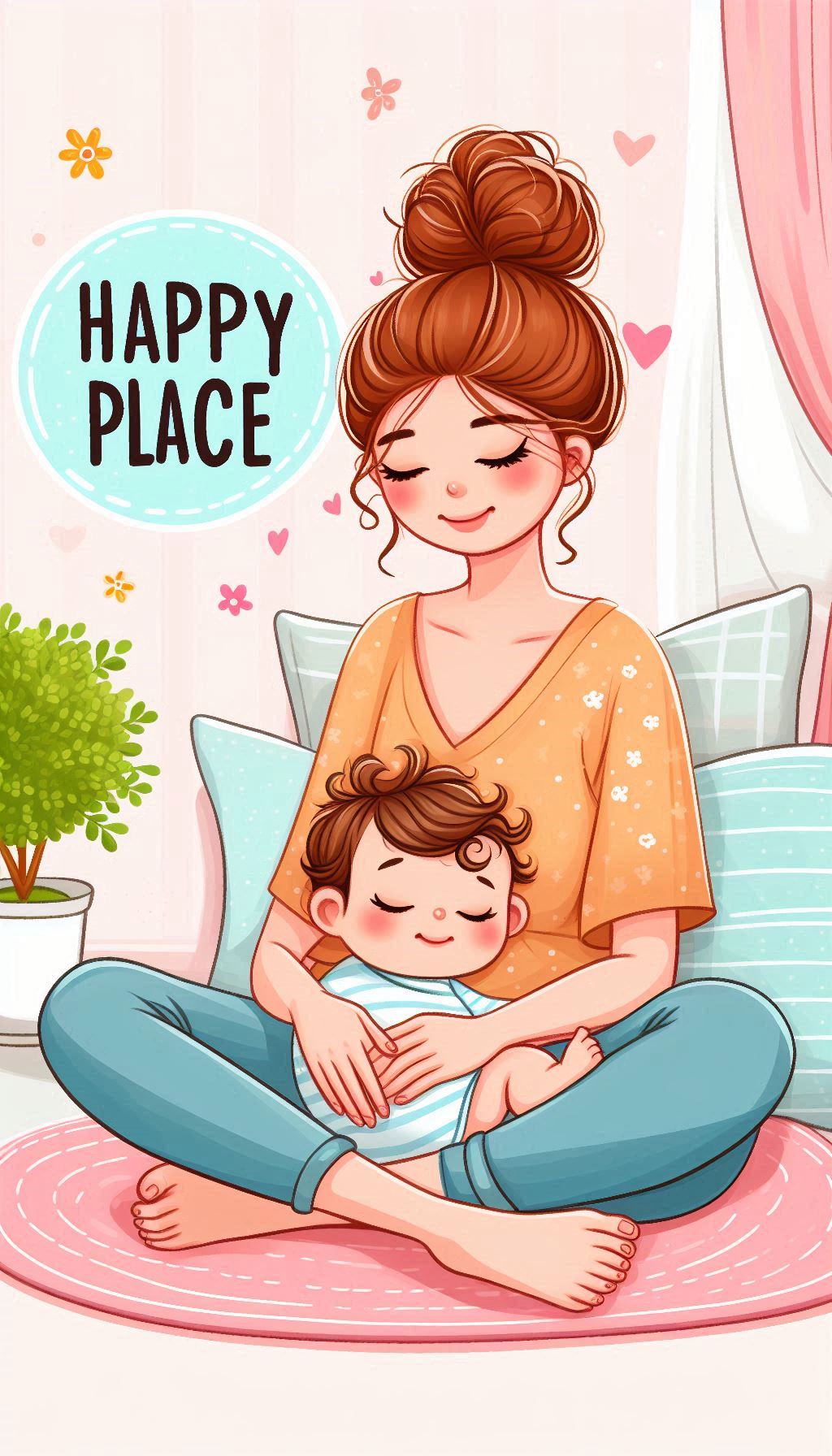 Happy Place Poster with Frame - Mom and Baby Illustration