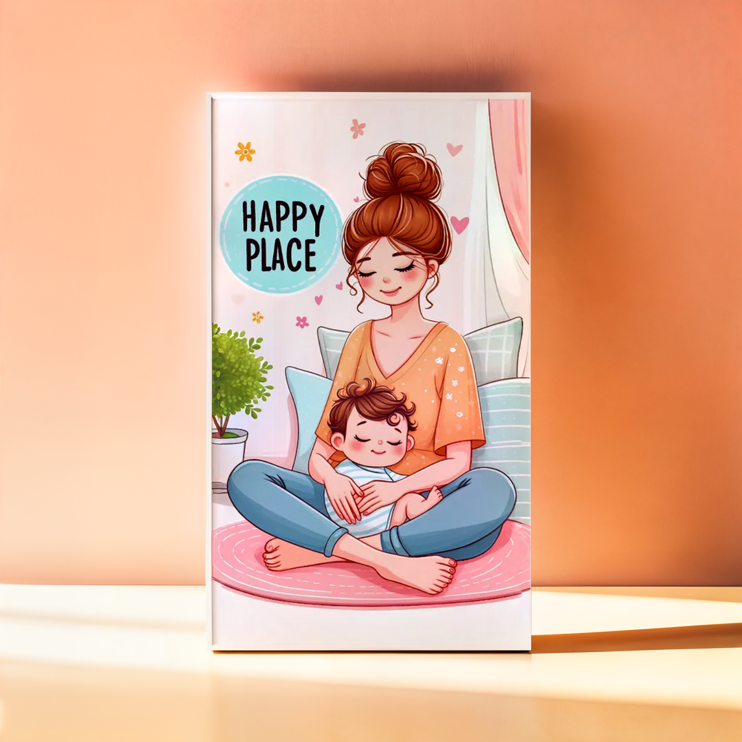 Happy Place Poster with Frame - Mom and Baby Illustration