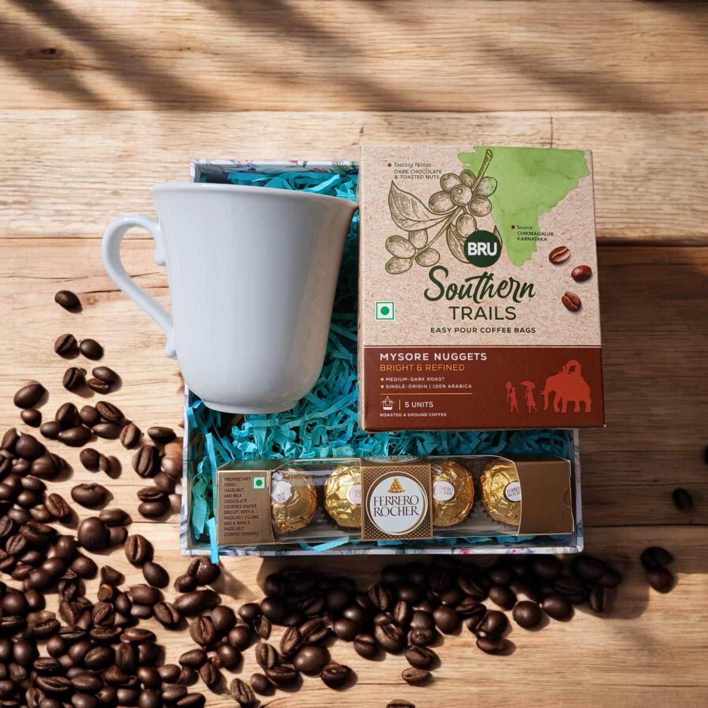 Coffee theme gift box with Premium Southern Coffee, Coffee Mug and Ferrero Rocher chocolates