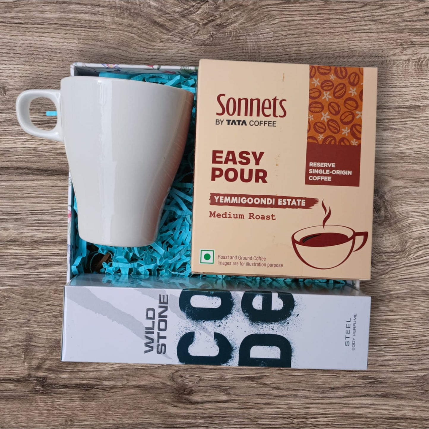 Coffee theme gift box with Premium Coffee, Coffee Mug and a Deo for Him