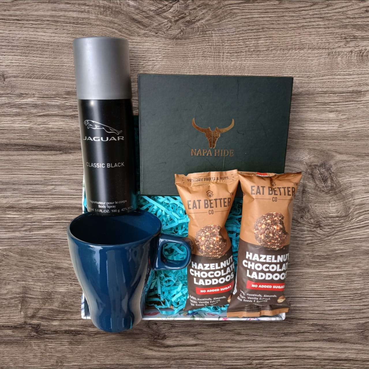Classic gift box with Jaguar Deo, Wallet, Coffee Mug and two healthy snack packs