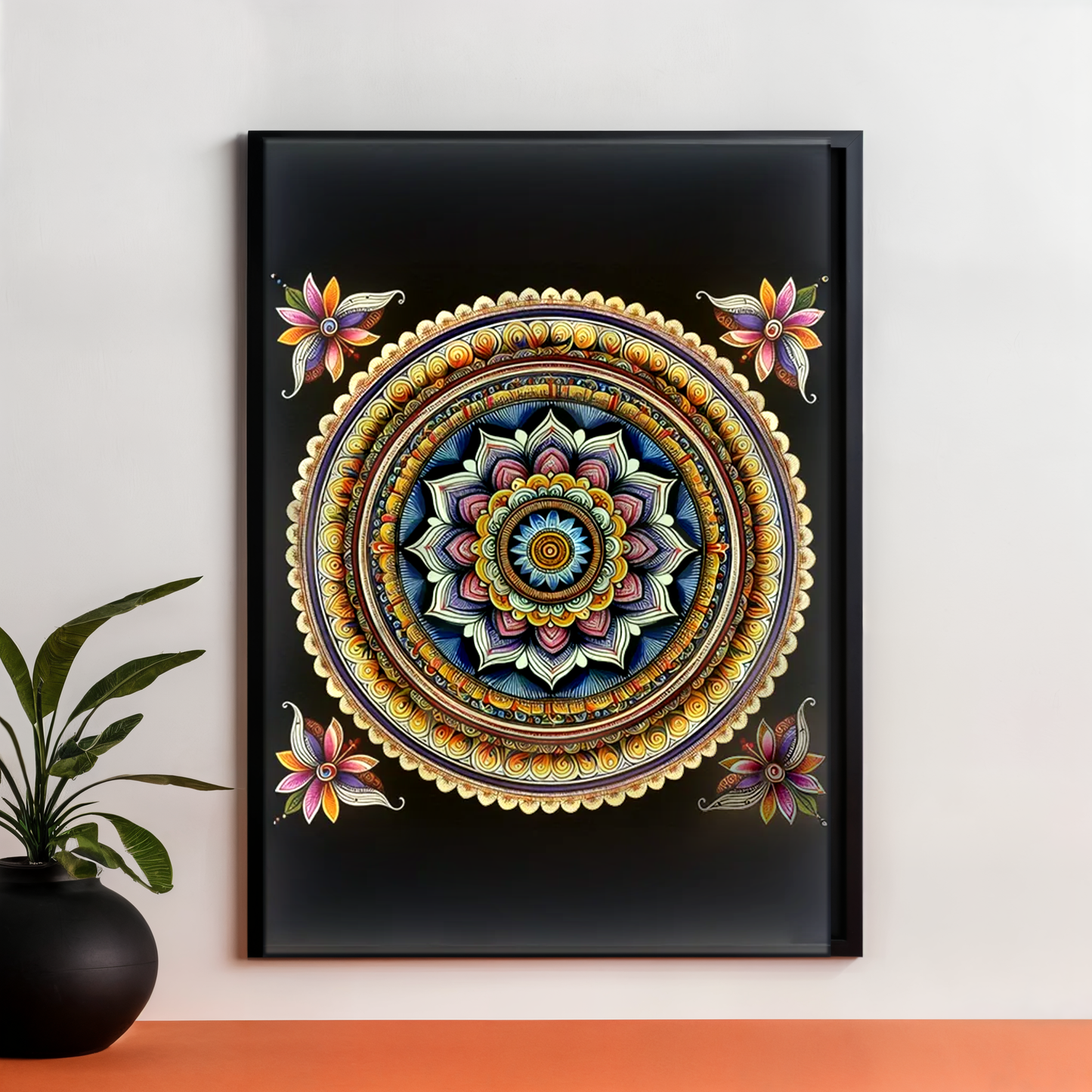 Mandala Poster in a wooden frame - Dark theme - A4 Size